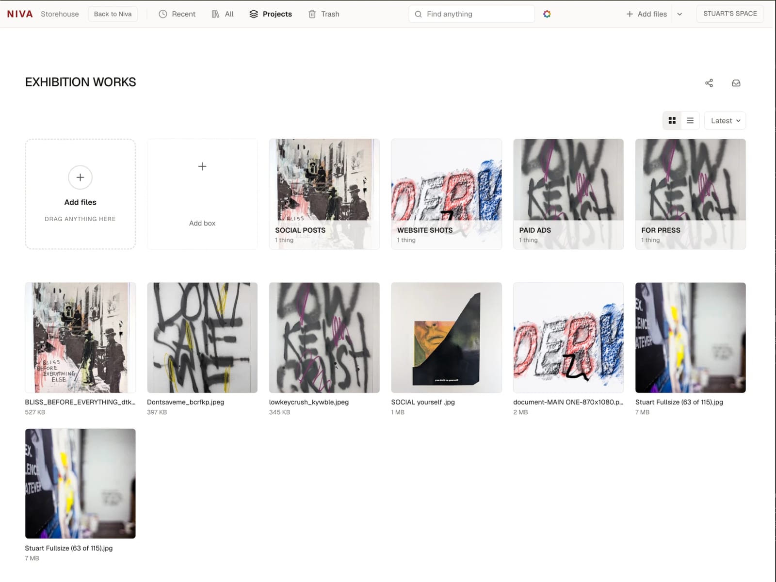 A project open in Storehouse, with boxes for social, website, paid ads and press, and the work below them